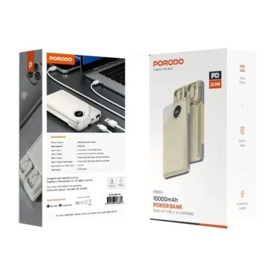 Power Bank 10000Mah Built-In Type-C & Lightning Porodo - White